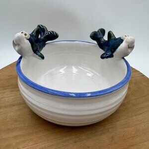John Nishio Studio Art Pottery Bowl 2 Happy Dolphins Sharks Ocean Blue Trim 3D C